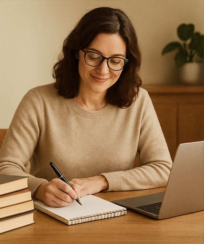 Professional author working on manuscript with laptop and books